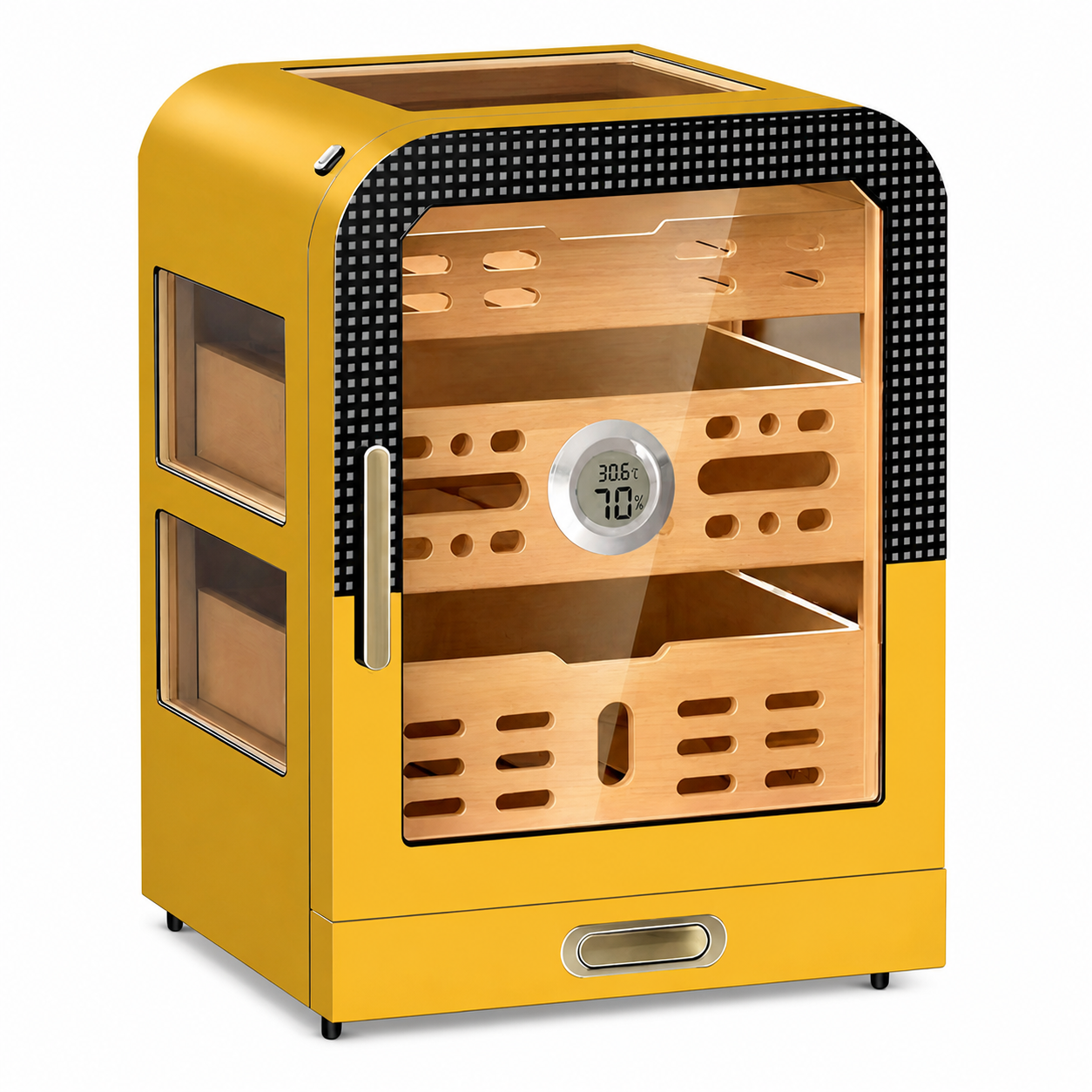 1869-C Cigar Humidor Yellow With Glass, 3 Drawers & Digital Hygrometer 50-75 Cigar